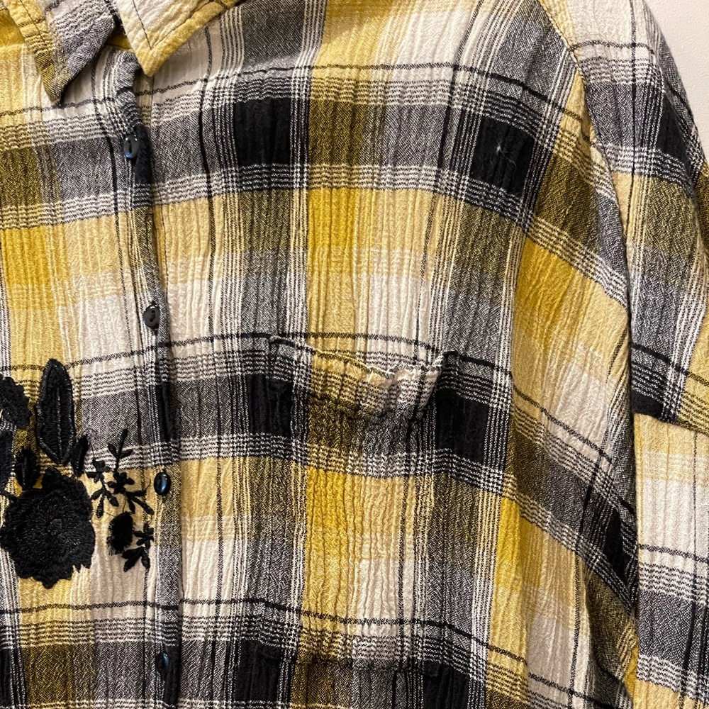 🔥 Maeve Plaid Embroidered Button Down Shirt XS/S – Yellow Black Hi-Low Tunic Top - Picture 7 of 12